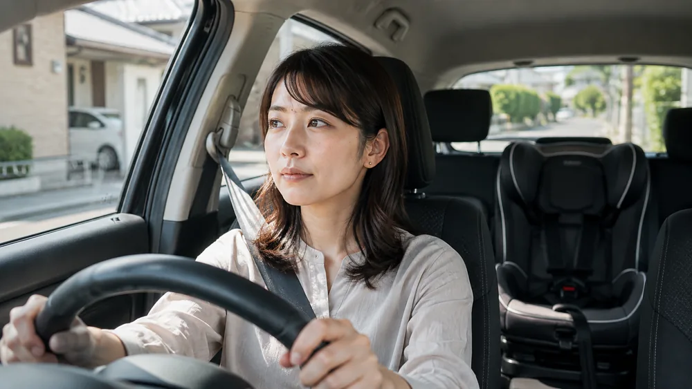 後部座席にチャイルドシートを載せた車を運転する方のイメージ