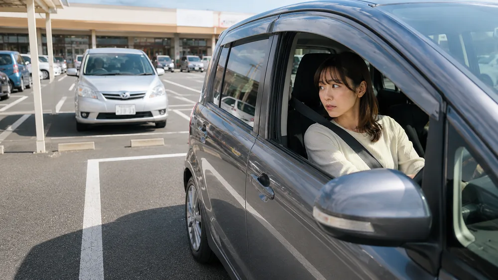駐車場で後方を確認しながら、待っている車を気にする運転者のイメージ