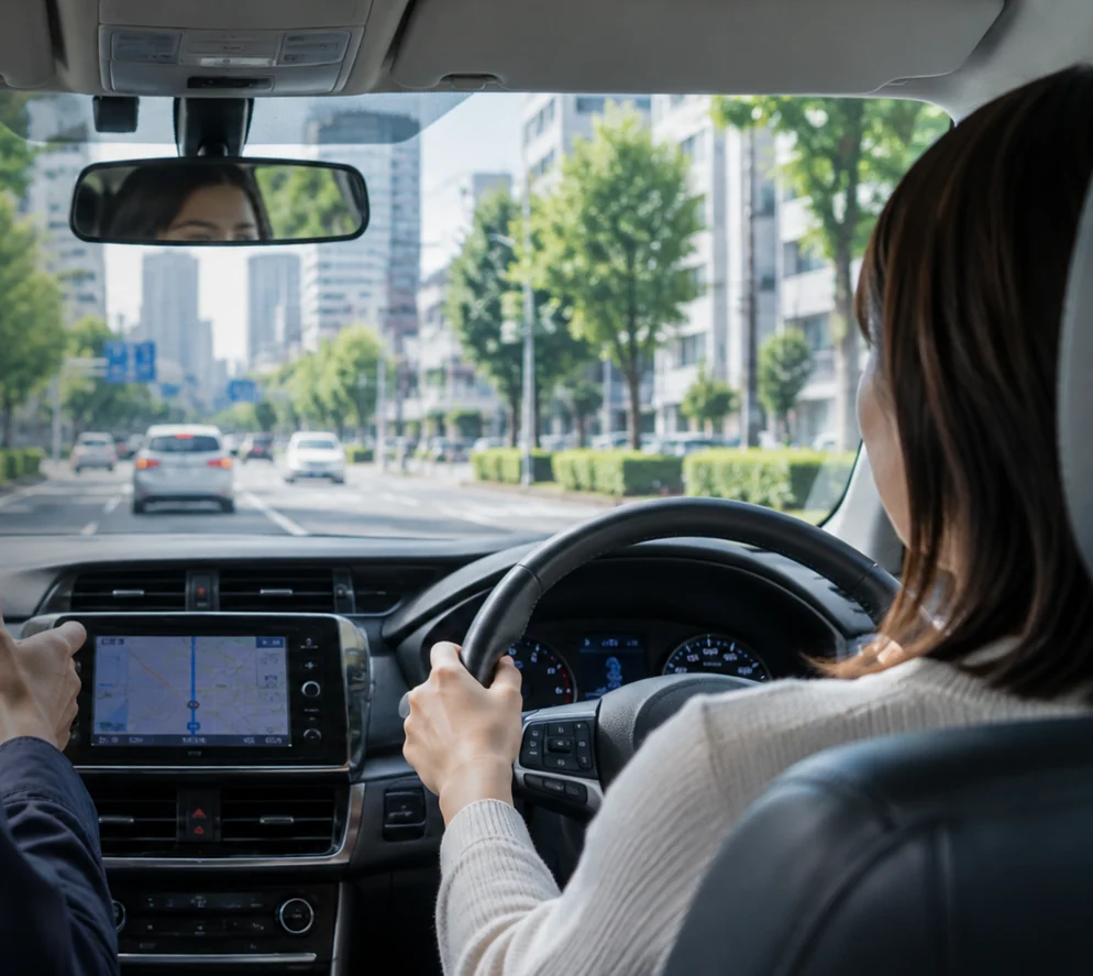 都内の道路で運転練習を行うイメージ