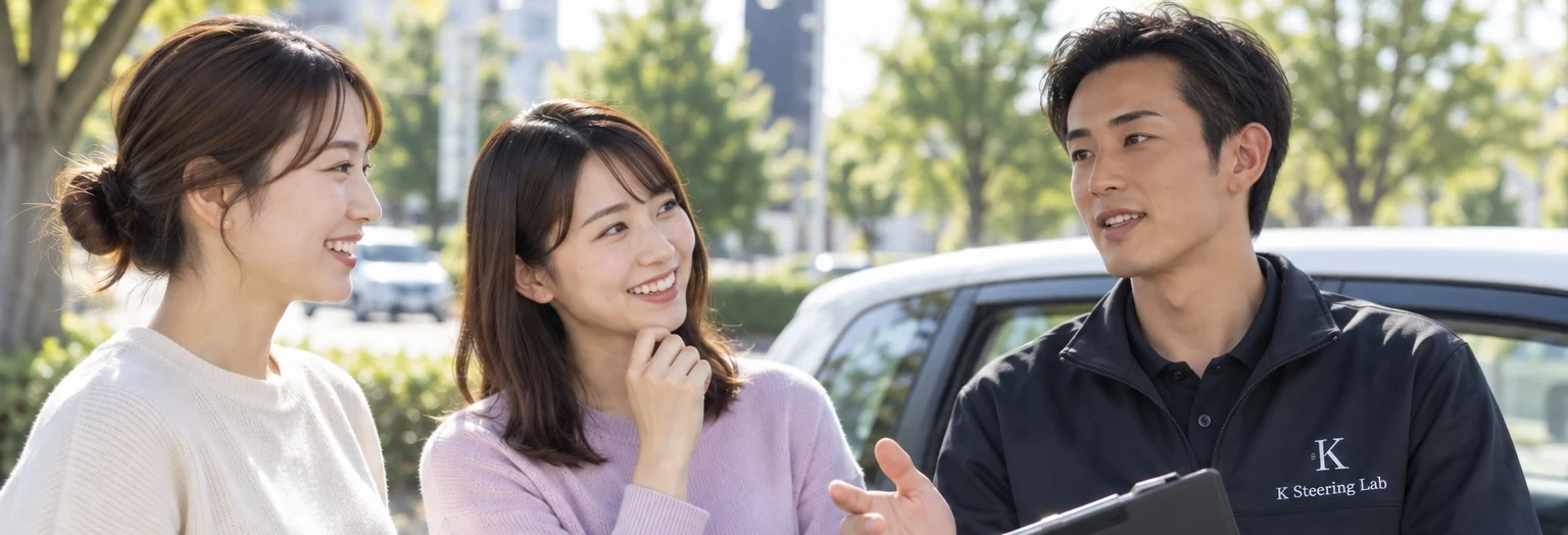 車の横で、女性2人にK Steering Labの講師が説明している様子