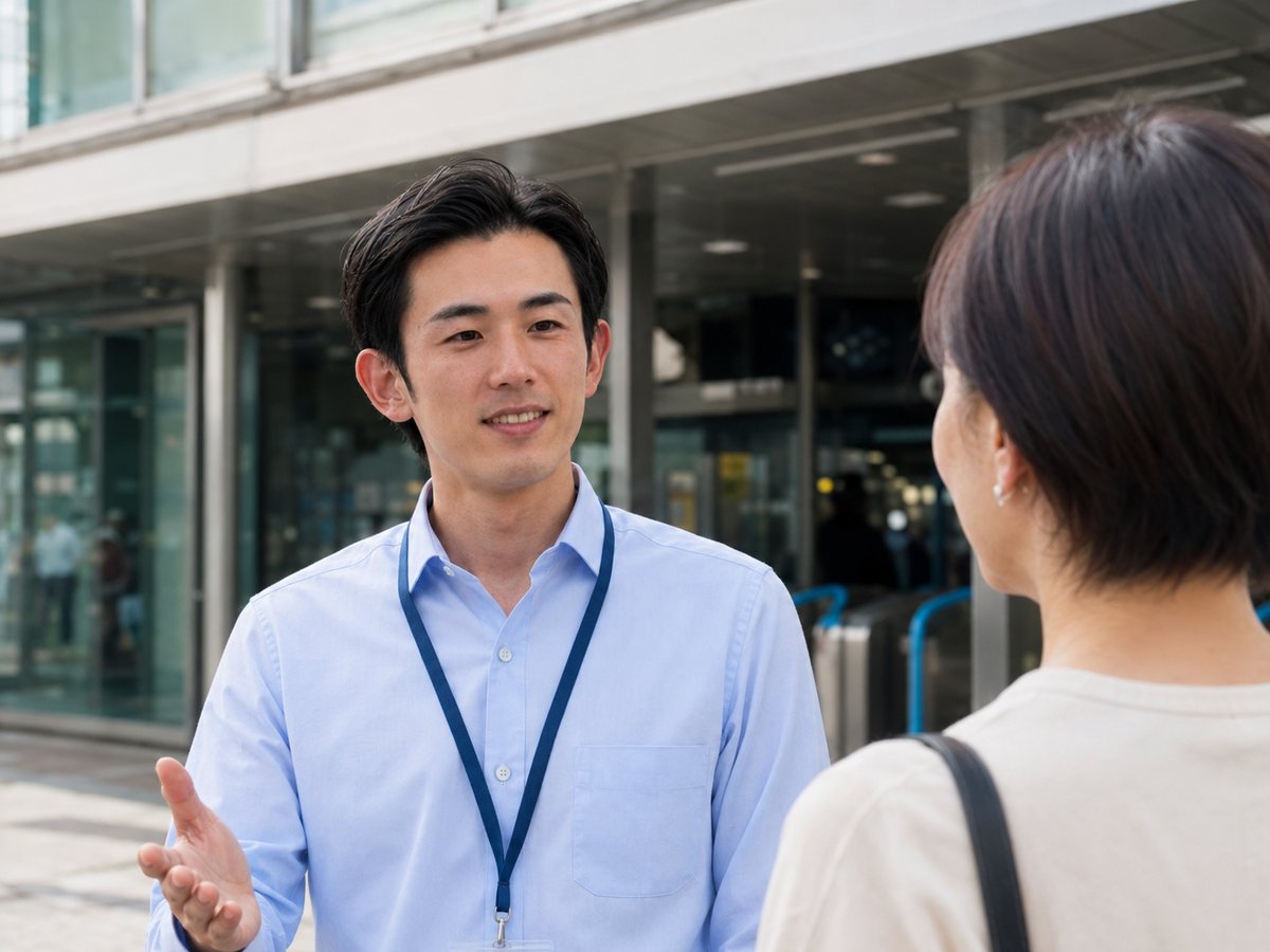 駅前で受講者と話す指導員のイメージ