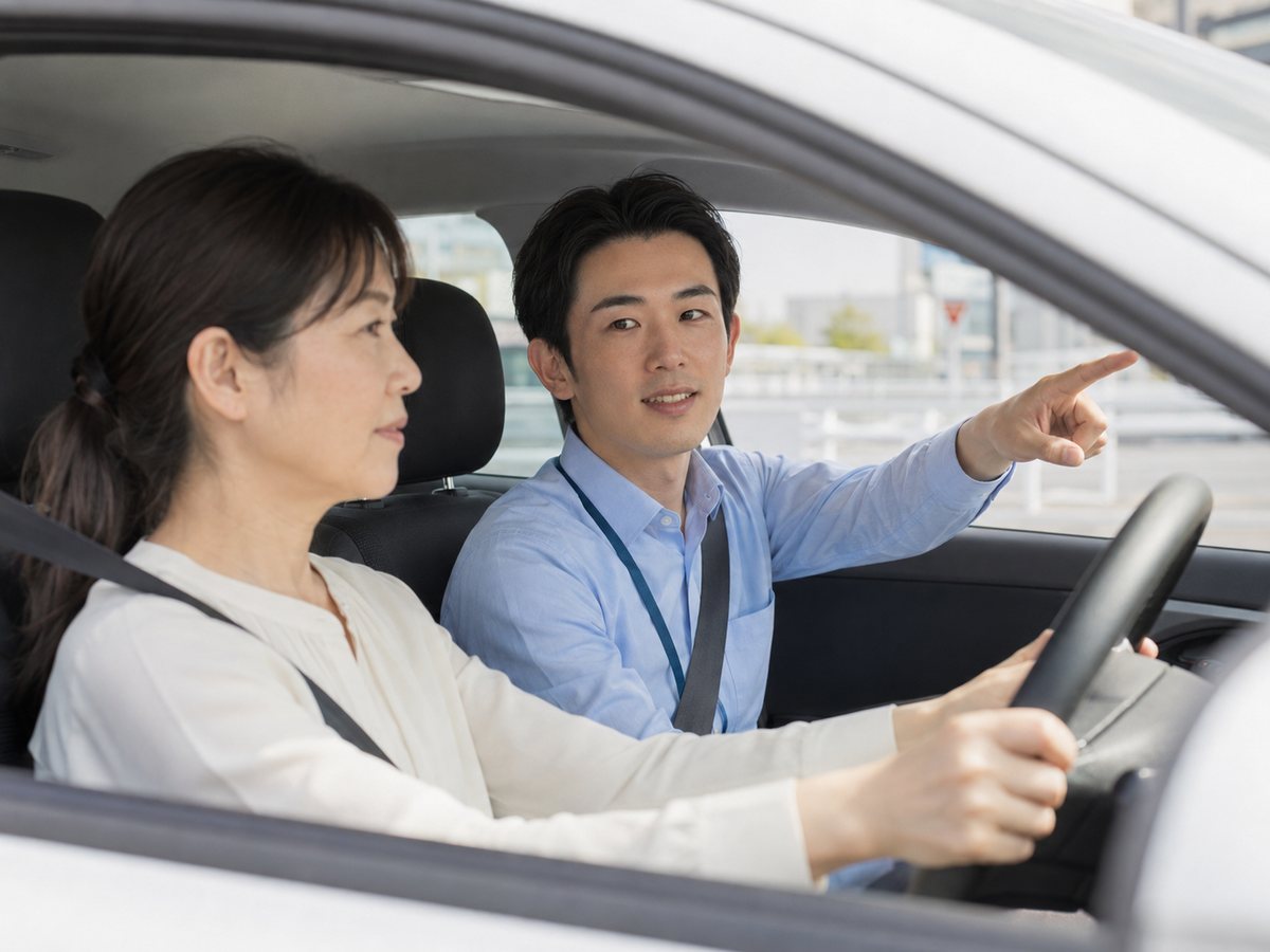 運転中に前方を指し示す指導員のイメージ