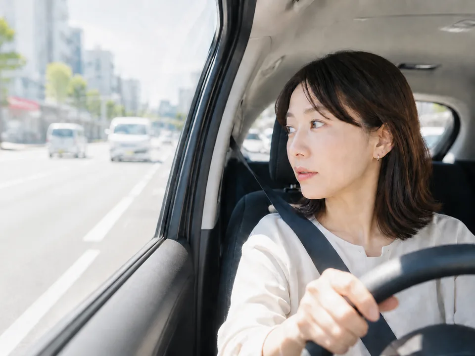 車線変更前に周囲を確認する女性