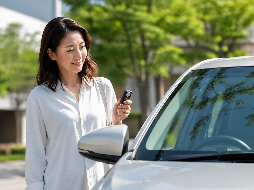 納車前に運転練習を考える女性